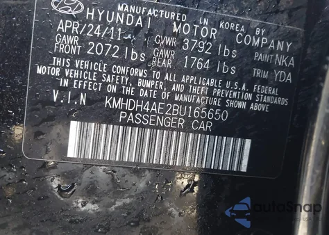 2011 Hyundai Elantra Limited (Ulsan Plant) from USA, damaged, VIN KMHDH4AE2BU165650